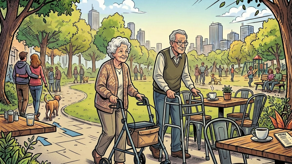 Two men walking with a baby in a stroller in a city park