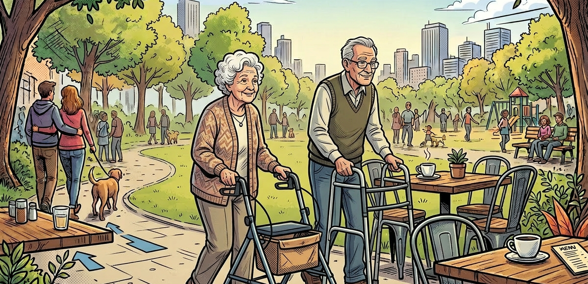 Two men walking with a baby in a stroller in a city park