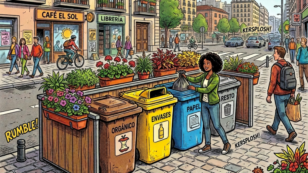Woman placing bag into blue recycling bin labeled PAPEL near other bins labeled ORGÁNICO, ENVASES, and RESTO on a city sidewalk