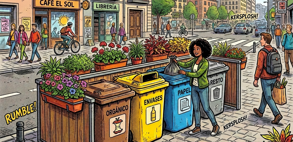 Woman placing bag into blue recycling bin labeled PAPEL near other bins labeled ORGÁNICO, ENVASES, and RESTO on a city sidewalk
