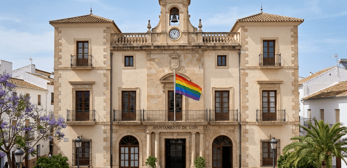 Historic Coín town hall building with rainbow pride flag above entrance