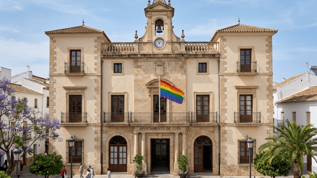 Historic Coín town hall building with rainbow pride flag above entrance