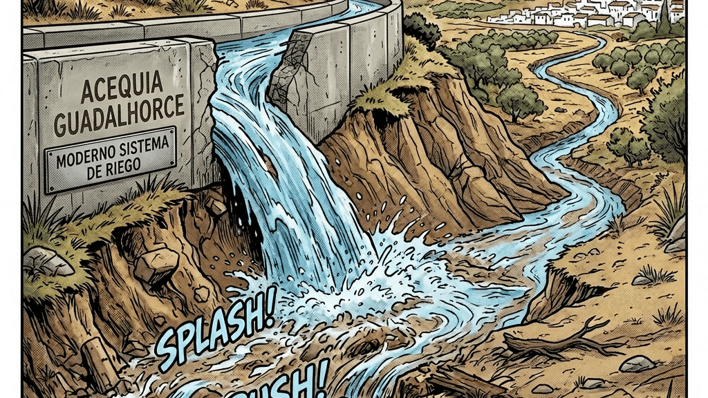 Broken Acequia Guadalhorce irrigation canal with water rushing out and two men expressing concern