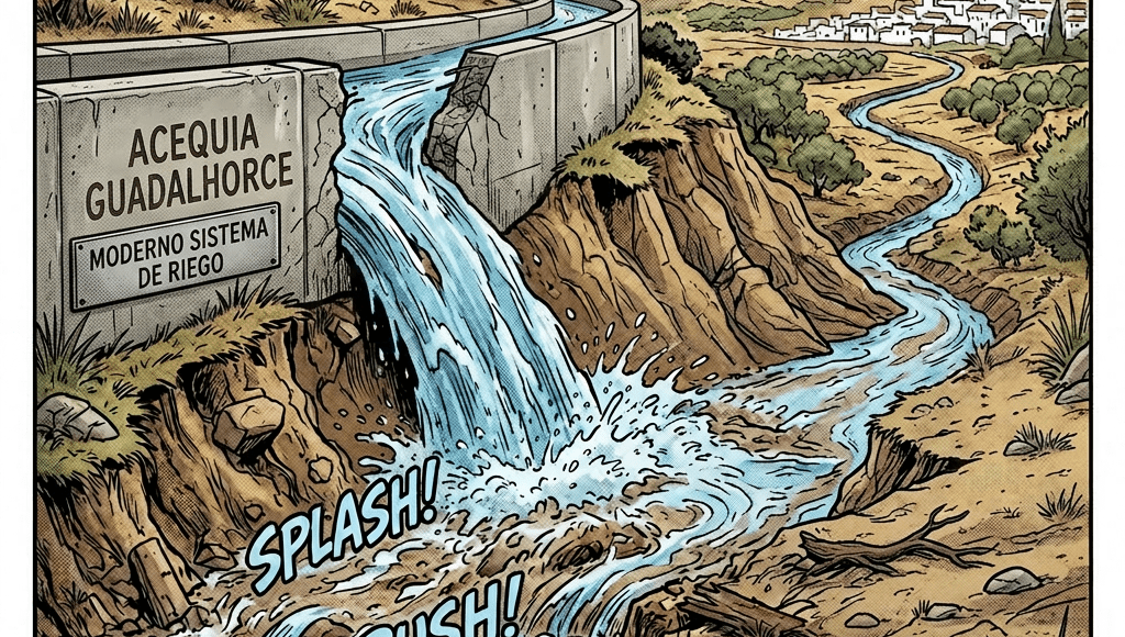 Broken Acequia Guadalhorce irrigation canal with water rushing out and two men expressing concern