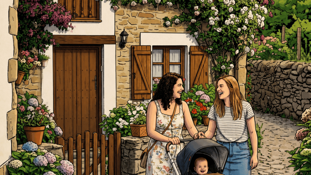 Two women with a baby stroller outside a flower-filled stone cottage