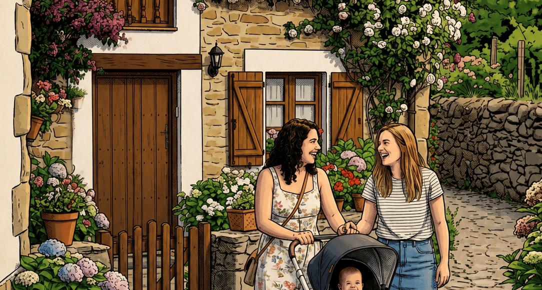 Two women with a baby stroller outside a flower-filled stone cottage
